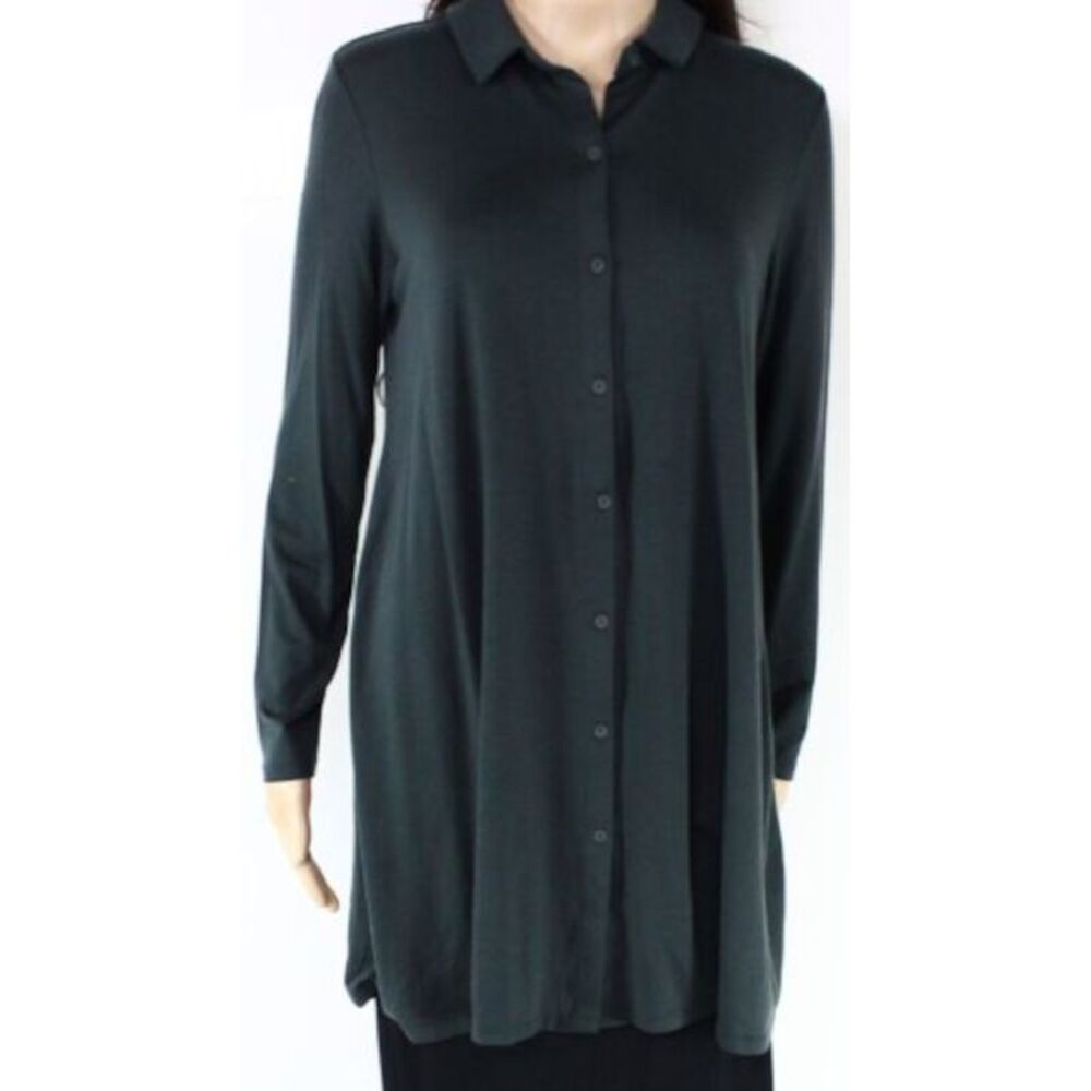 EILEEN FISHER Womens Green Stretch Long Sleeve Point Collar Short Tunic Dress L - Picture 1 of 3